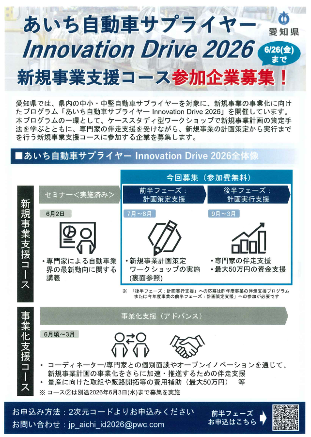 「あいち自動車サプライヤー Innovation Drive2026」新規事業支援コース参加企業募集！(愛知県)