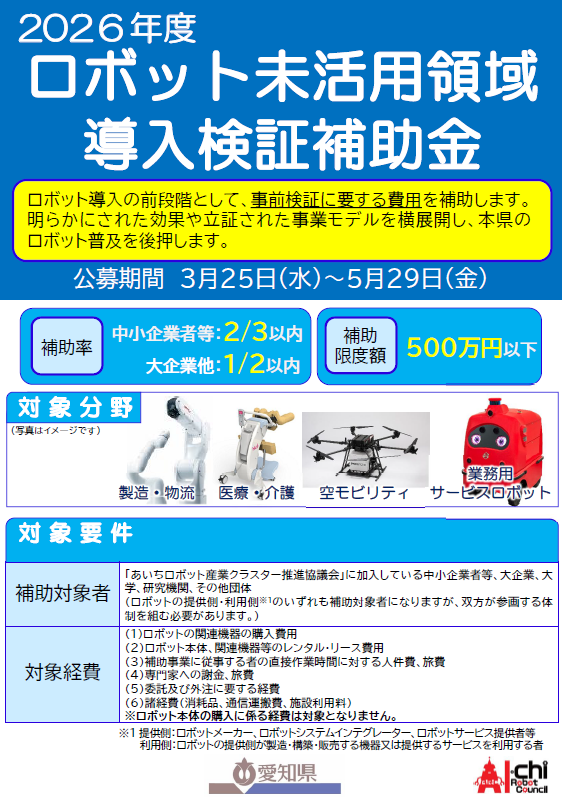 2026年度「ロボット未活用領域導入検証補助金」について（公募期間3/25～5/29）